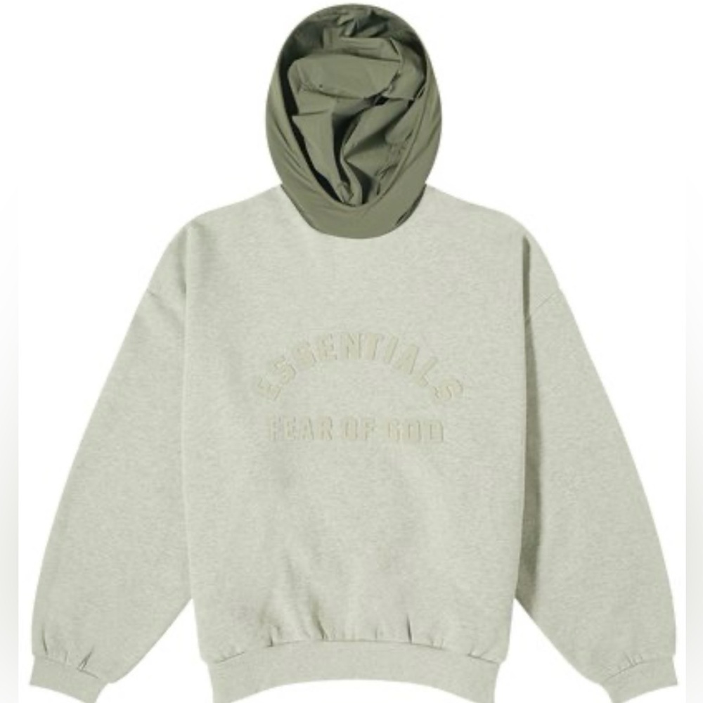 Fear of God Essentials Pullover Hoodie in Light Gray with Olive Hood